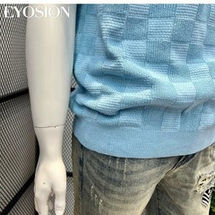 Men Knit Sweater Crewneck T-Shirt Plaid Checkered Casual Short Sleeve Tee Top