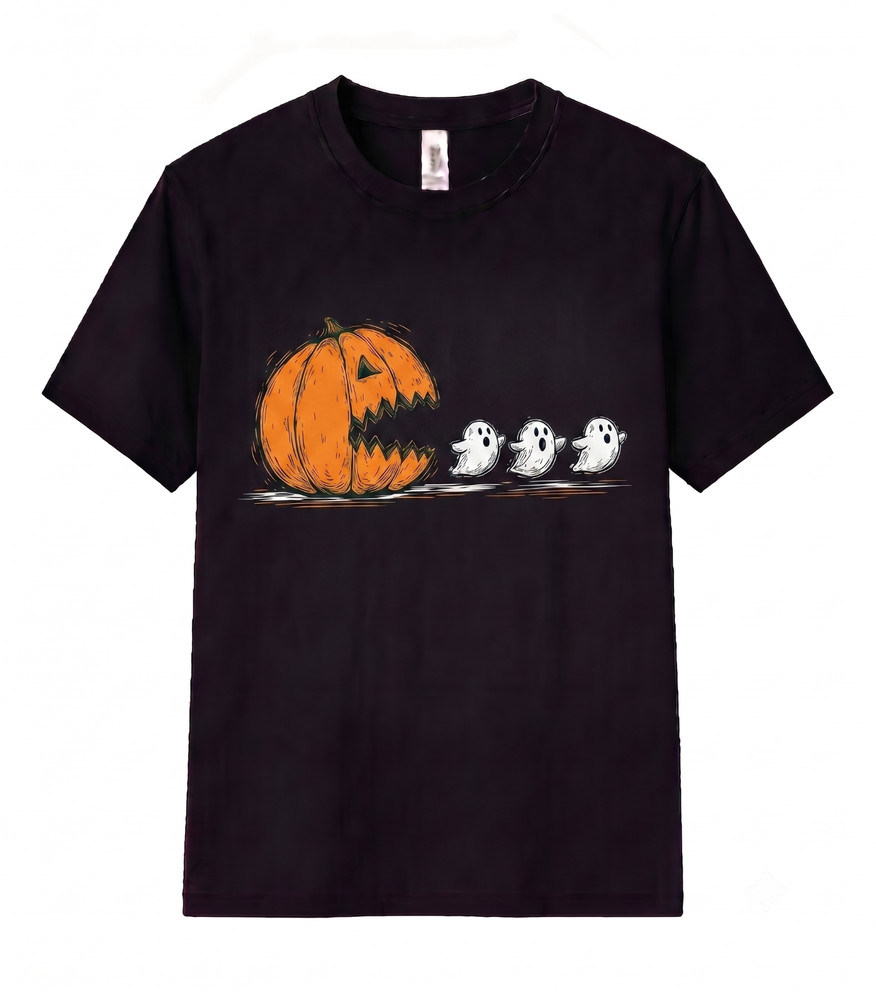 Y2K Funny Pumpkin Chasing Ghosts T Shirt Retro Halloween Fall Graphic Spooky Top