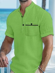 Mens Cotton Solid Color Shirt Stand Collar Casual Business Summer Beach Fun Gift