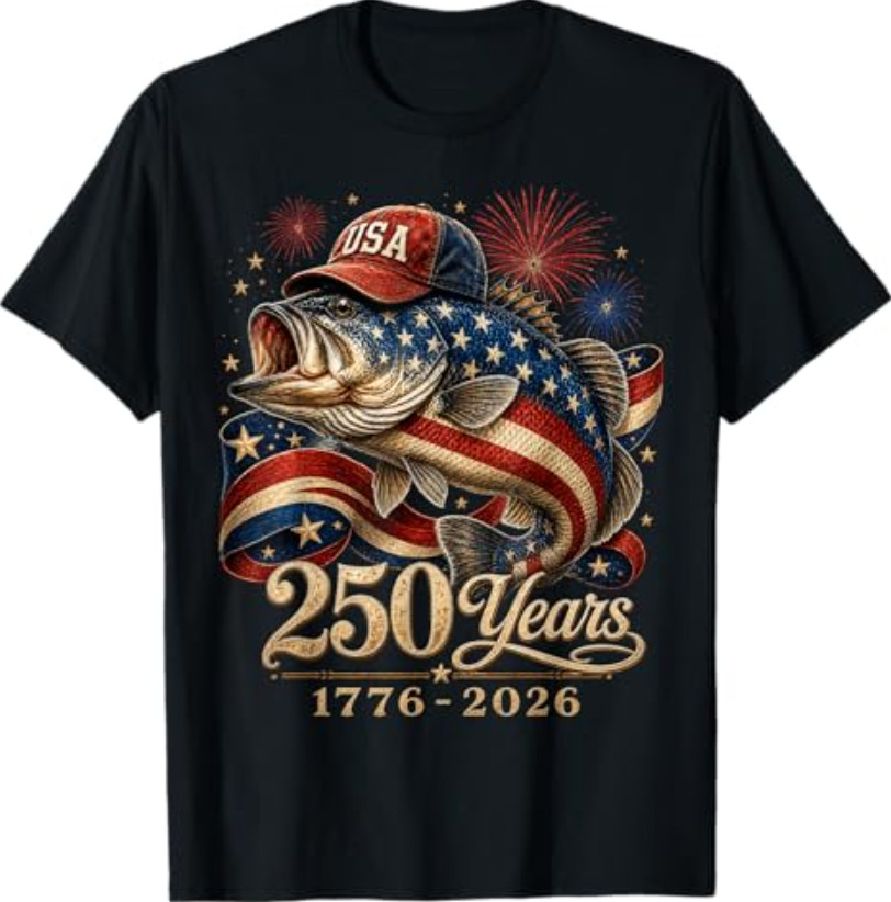 250 America 1776 2026 Bass Fishing USA Flag 250th Birthday T-Shirt