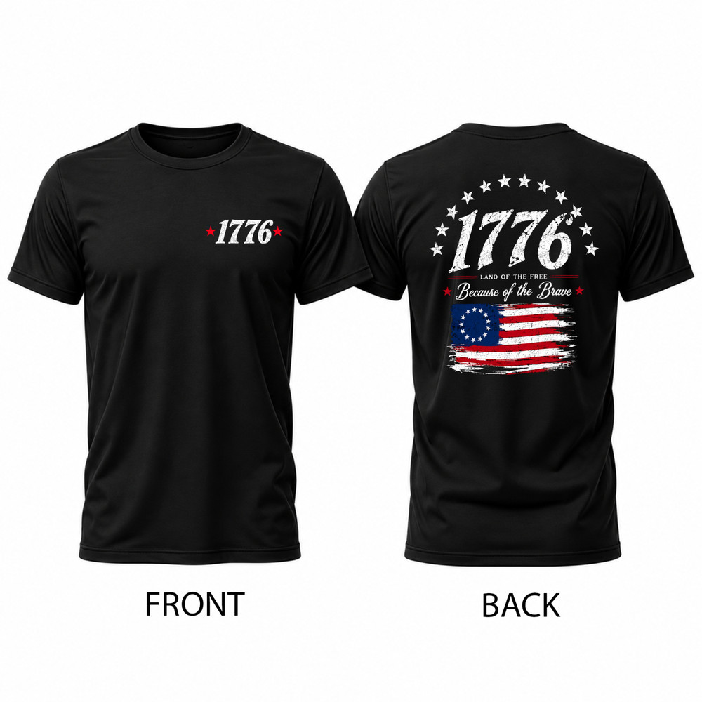 1776 Patriotic Black Graphic Tee, Distressed USA Flag Shirt