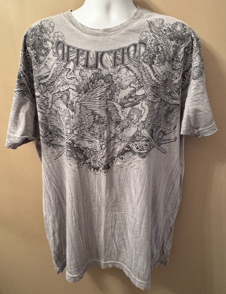 AFFLICTION Live Fast Y2K Gray & Black “Victory” T-Shirt Men’s Sz 3XL Distressed