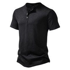 Henley Collar Summer Men Casual Solid Color Short Sleeve T Shirt for Men