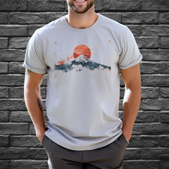 Sun Mountain Shirt Japanese Landscape Watercolor Art Tshirt Gray