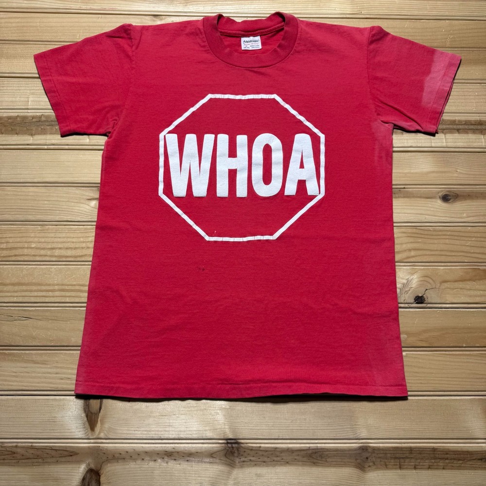 Vintage 80s WHOA Stop Sign Funny Slogan Humorous Graphic T-Shirt USA – Medium