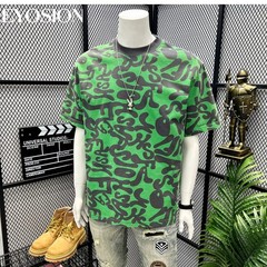 Men’s Green Graphic T-Shirt Vintage Abstract Print Cotton Casual O-Neck Tee