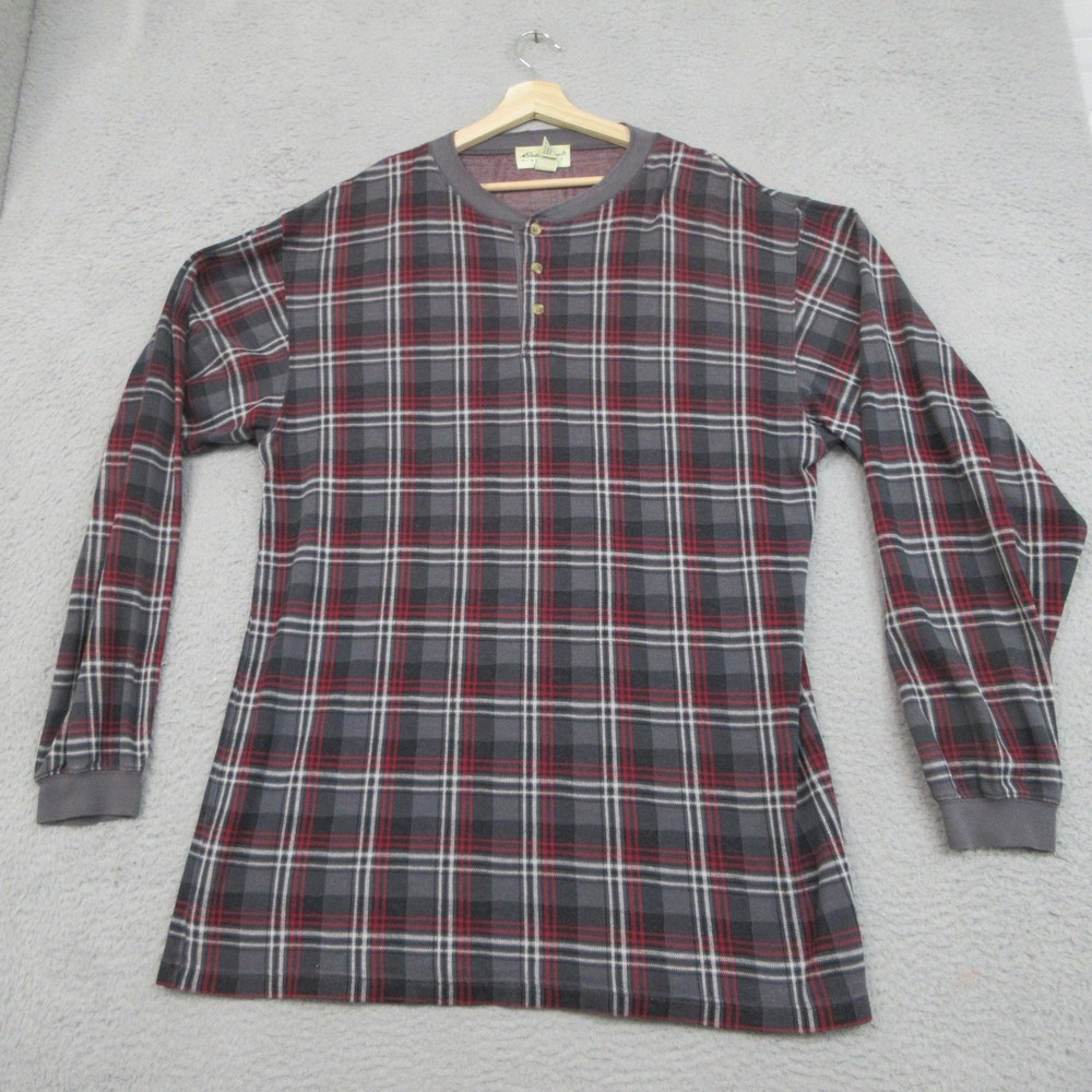 Eddie Bauer Henley Lounge Shirt Mens LT Gray Plaid Cotton Cabincore Lodgewear