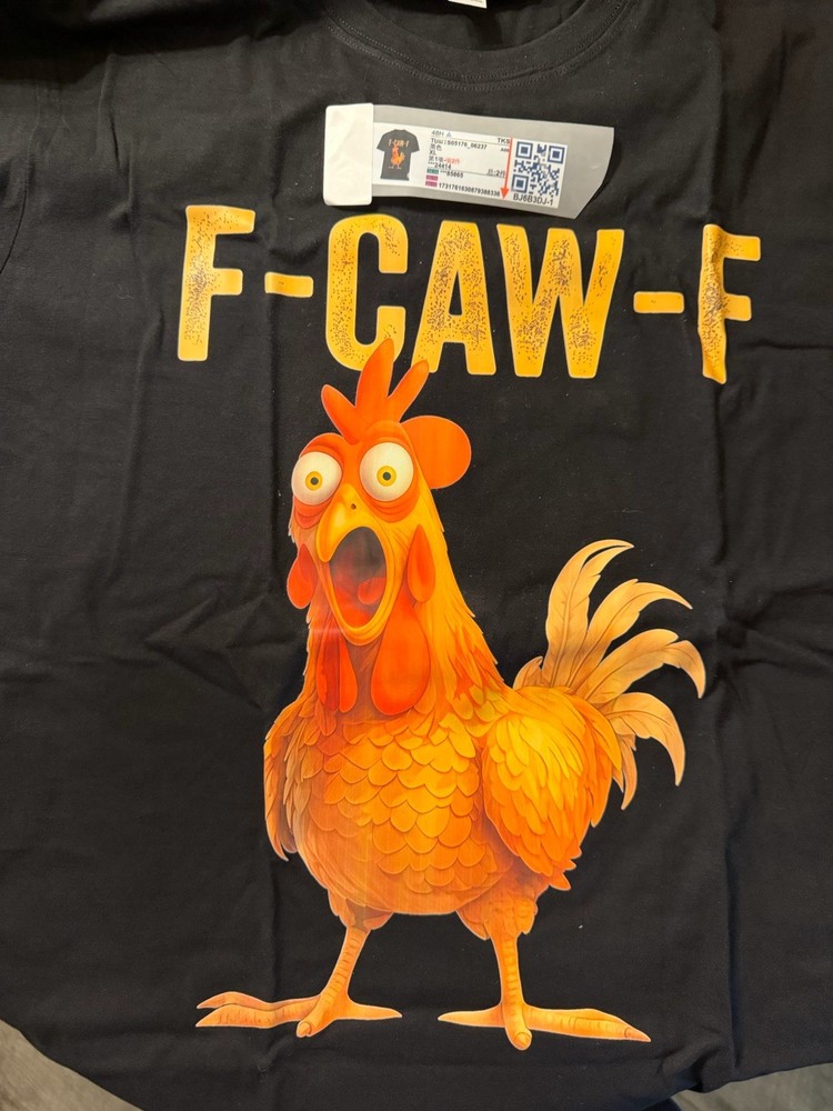 Funny F-CAW-F Rooster Graphic Men’s XL T-Shirt Black New Nice Humorous Hilarious