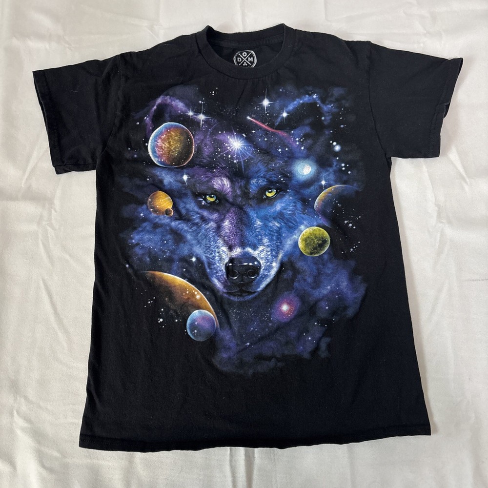 Space Wolf Graphic Print T Shirt Short Sleeve Black By ODM Small