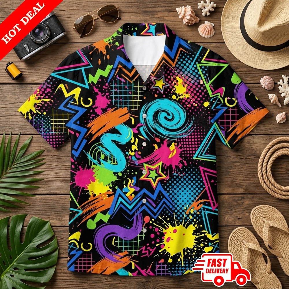 Neon Geometric Hawaiian Shirt Men 80s 90s Retro Aloha Summer Beach Festival