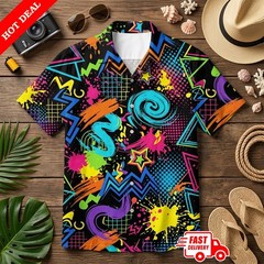 Neon Geometric Hawaiian Shirt Men 80s 90s Retro Aloha Summer Beach Festival