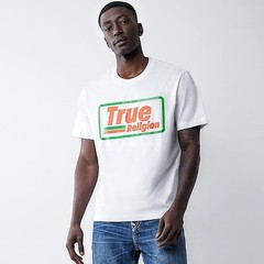 True Religion T-Shirt Men’s XL White Orange Green Jeans Retro Gas Box Logo New