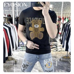 New Fashion Bear Trend Rhinestones Summer Short Sleeve Luxury Men Cotton T-Shirt