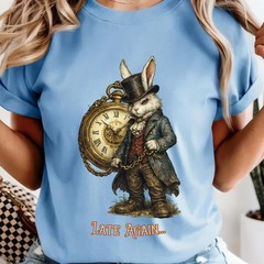 White Rabbit Alice in Wonderland Steam punk Late Again T-shirt