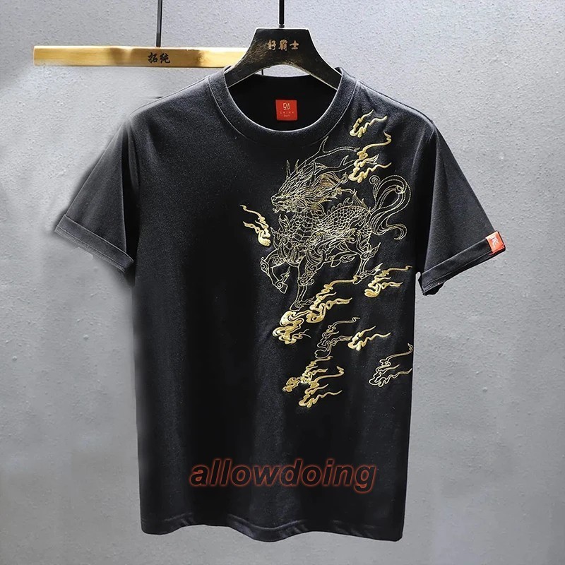 Men’s Luxury Golden Dragon Embroidery T-Shirt Casual Fashion Slim Fit Tee Top
