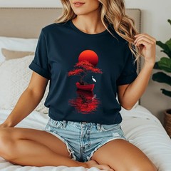 Japanese Tree Boat Red Sun Graphic Tee Zen Nature Art T Shirt