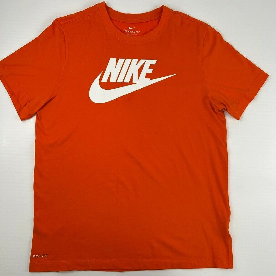 Nike Shirt Men Large Center Swoosh Spell Out Dri Fit Orange Work Party Core Ex
