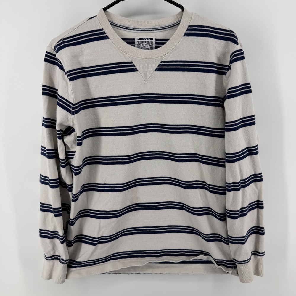 Lands End Mens Small Ivory Navy Blue Striped Rugby Cotton Crewneck Shirt
