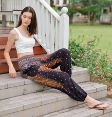 ‘s Smocked Waist Harem Hippie Boho Yoga Palazzo Casual Pants (M,Peacock Black)