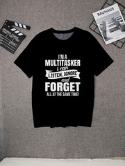 Men’s Black Funny Multi-Tasking Graphic T-Shirt, Casual Summer Crew Neck Tee