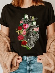 A Flower Fashion Letter Print T-shirt, Short Sleeve Crew Neck Casual Top