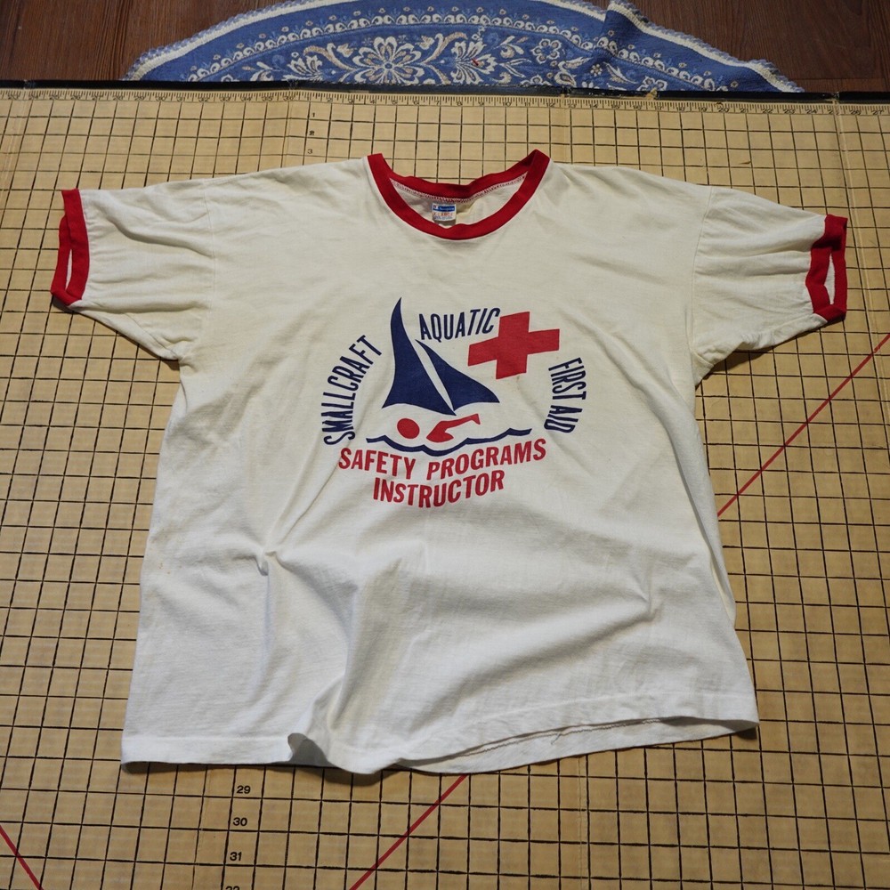 Vintage 1970s Champion Blue Bar Ringer T Shirt sz Large Aquatic First Aid