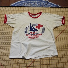 Vintage 1970s Champion Blue Bar Ringer T Shirt sz Large Aquatic First Aid