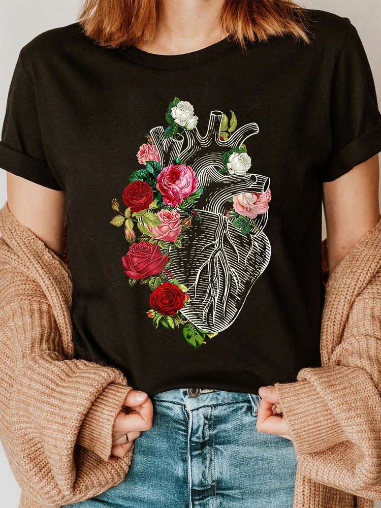 A Flower Fashion Letter Print T-shirt, Short Sleeve Crew Neck Casual Top