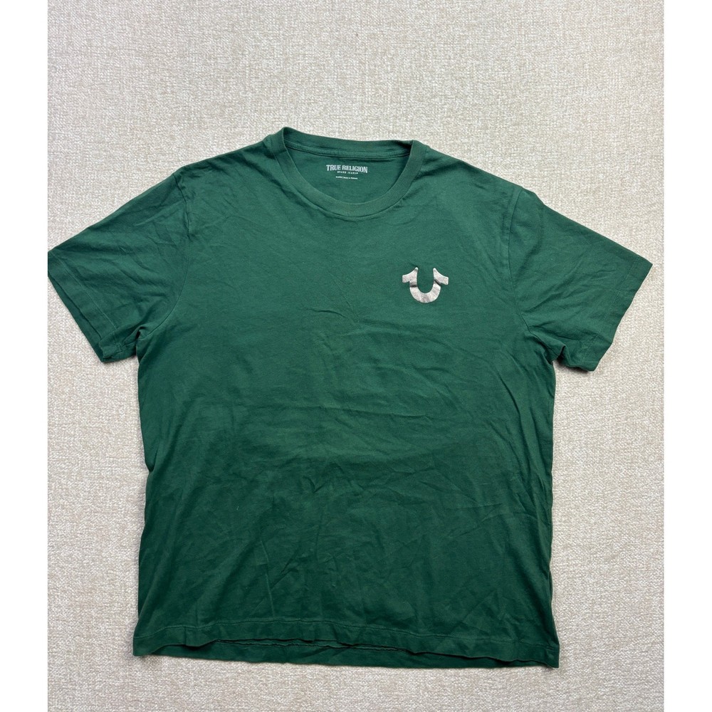 True Religion Mens XL Green Silver Metallic Buddha Guitar Logo T-Shirt