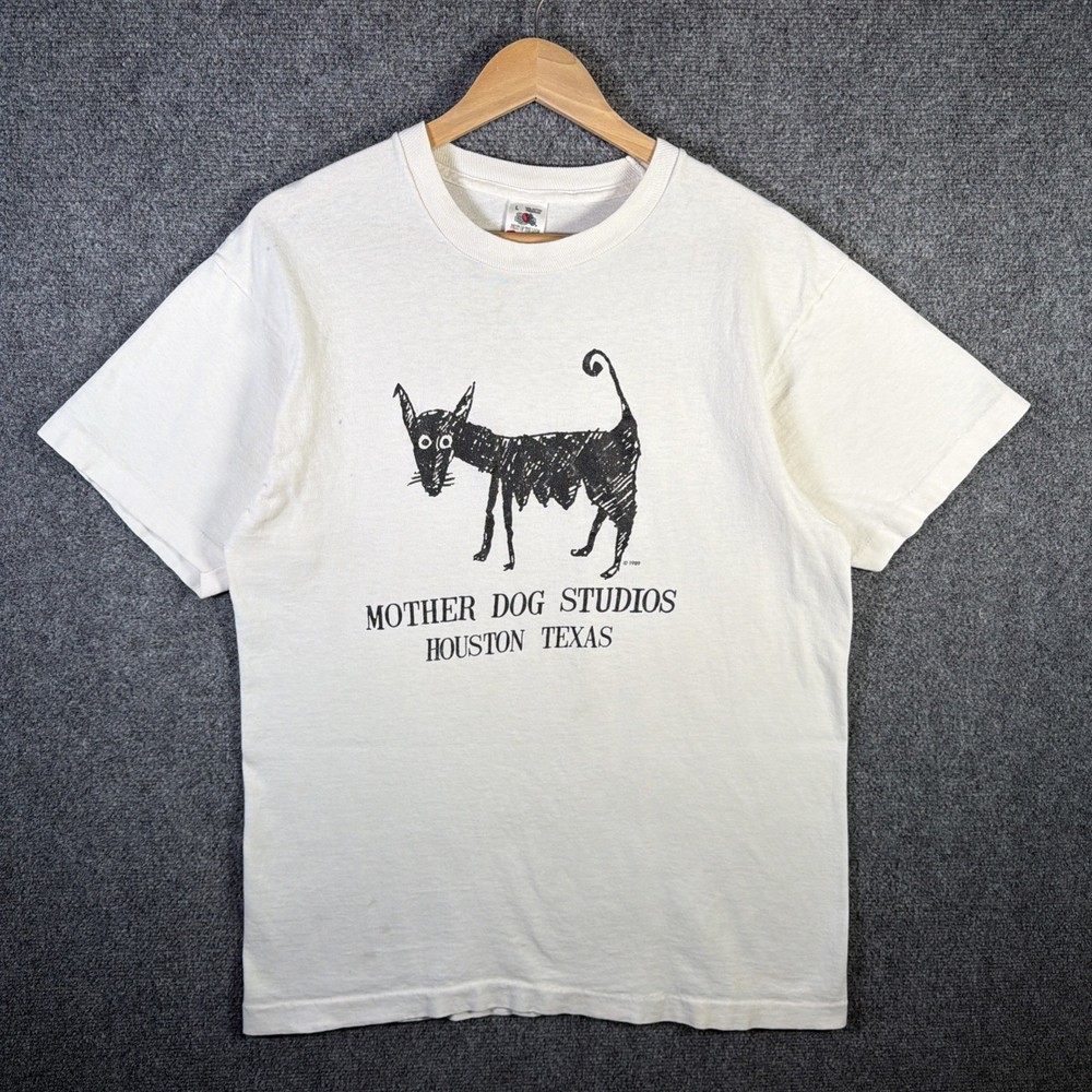 Vintage Mother Dog Studios Shirt Mens Large White 80s Art Abstract Poem Drawing