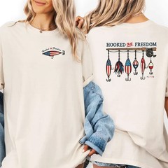 Hooked on Freedom Fishing T-Shirt USA Flag Lure Patriotic Graphic Tee 1776