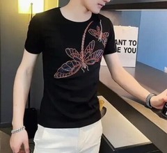 New Men Luxury Rhinestones Dragonfly Fashion Black White T-Shirt High Quality