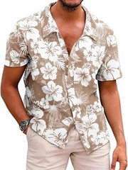 Men’s Hawaiian Floral Shirt Summer Casual Button Down Beach Vacation Top
