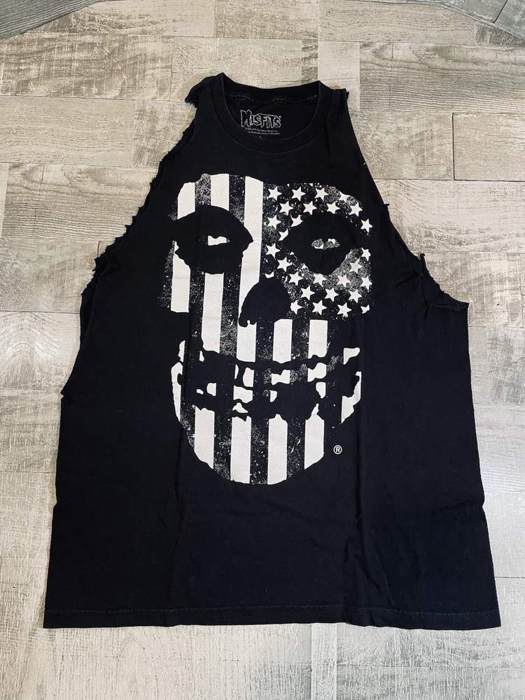 Misfits Men T Shirt Large Black Fiend Skull USA American Flag Tank Cut Off Arms