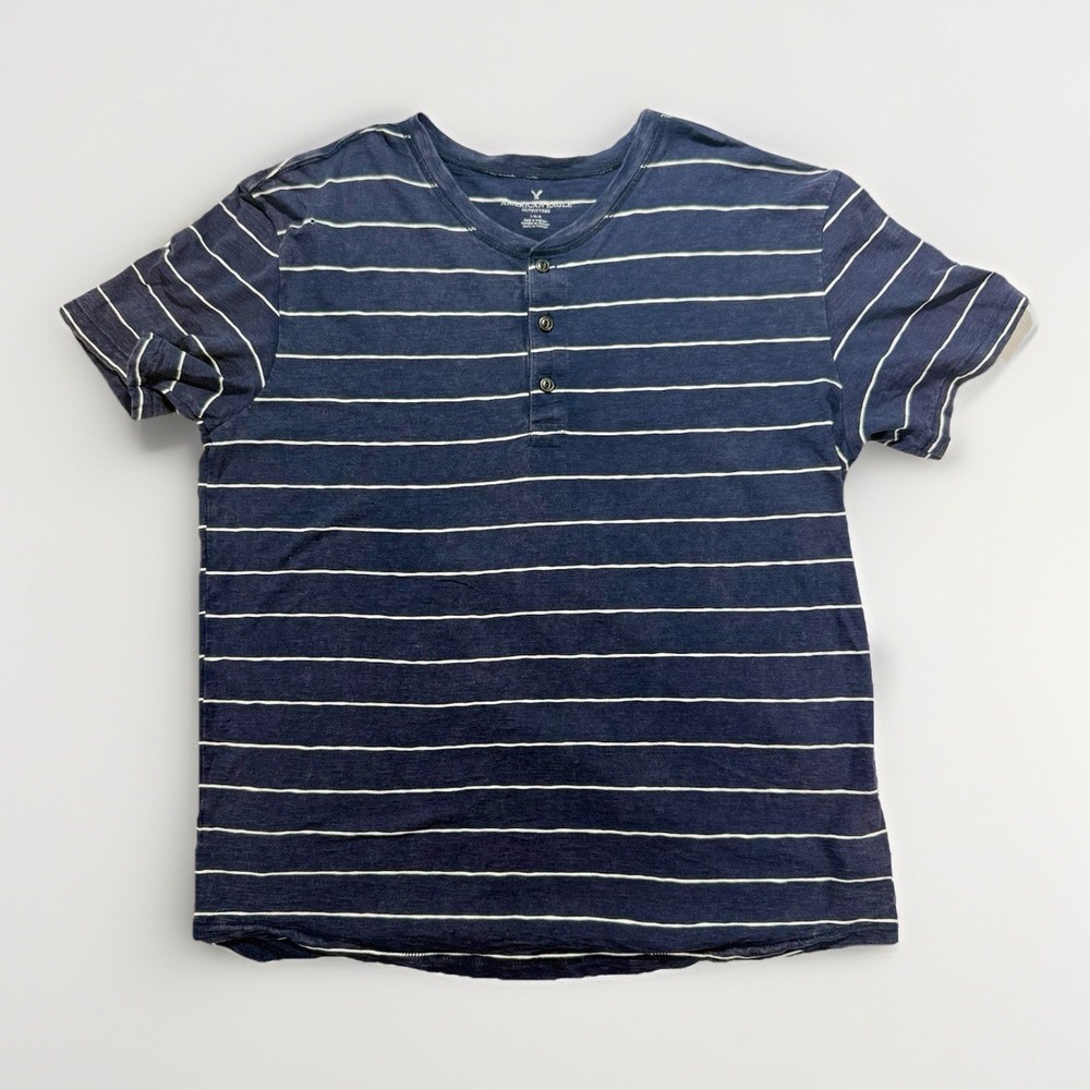 American Eagle Men’s Super Soft Striped Henley Tee Blue Size Large
