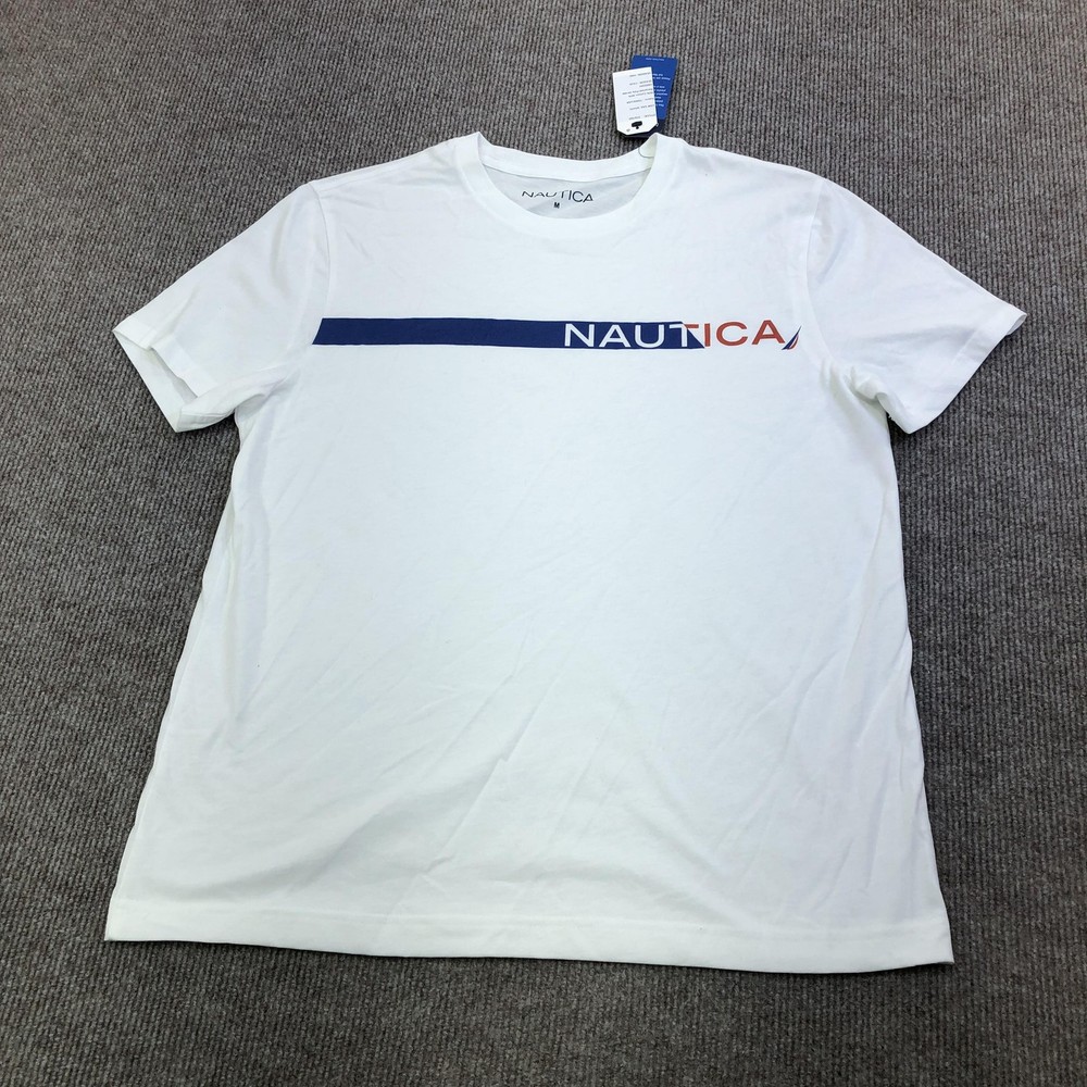 Nautica Shirt Mens Medium White Logo Stripe Graphic Tee Tagless Nautical