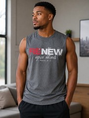 Gray Men’s Sleeveless Graphic Print T-Shirt Crew Neck “Renew Your Mind” S