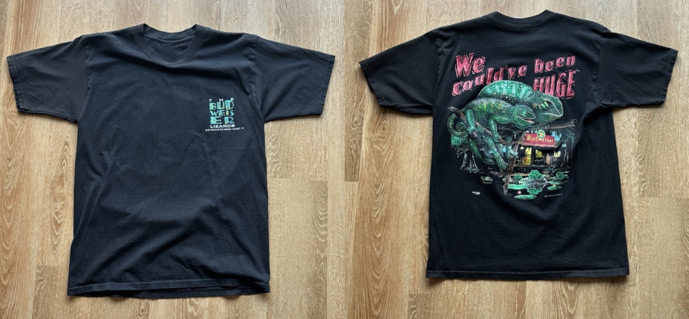 VTG SS Budweiser Lizards We Could’ve Been Huge T Shirt Beer Promo 1997 USA