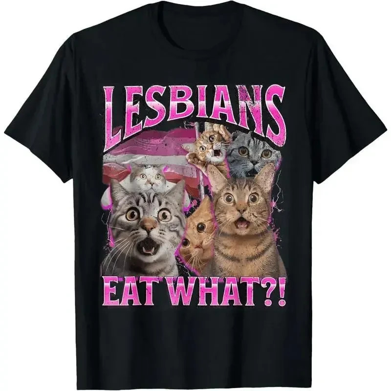 100% Cotton Lesbians Eat What?! Funny Cat Gay Pride LGBTQ Pun T-Shirt