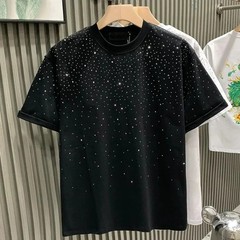 New Men Women Luxury Diamond Rhinestones Black White T-Shirt High Quality