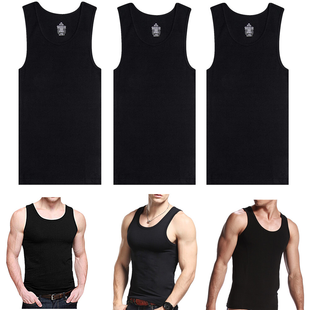 3 Pcs For Mens 100% Cotton Ribbed Tank Top A-Shirt Wife-Beater Black Undershirt