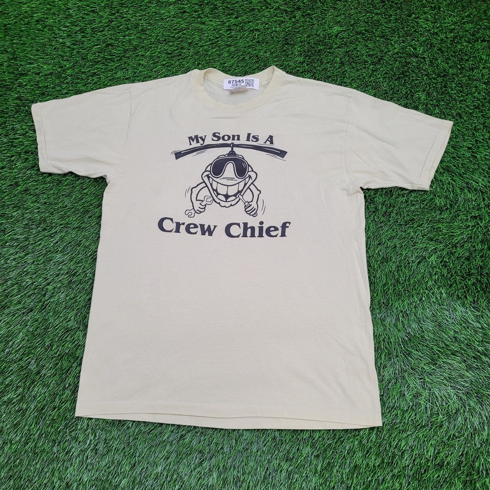 Vintage 90s HANES Funny Crew Chief Mom Shirt M/L 20×26 Beige USA