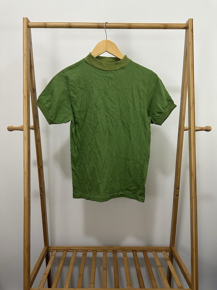VTG 60s Donmoor Ribbed Mock Collar Green Short Sleeve T-Shirt Size 18 16.5×24