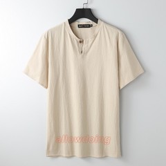 Men’s Stand-up Collar Short Sleeve Cotton Hemp Summer T-shirt Loose Linen V-neck