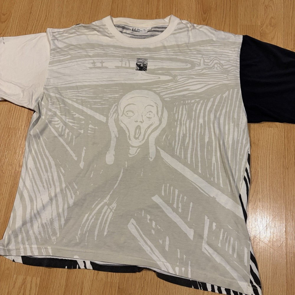 Vintage 1992 Edvard Munch The Scream Black White All Over Print Art Tee Size XL