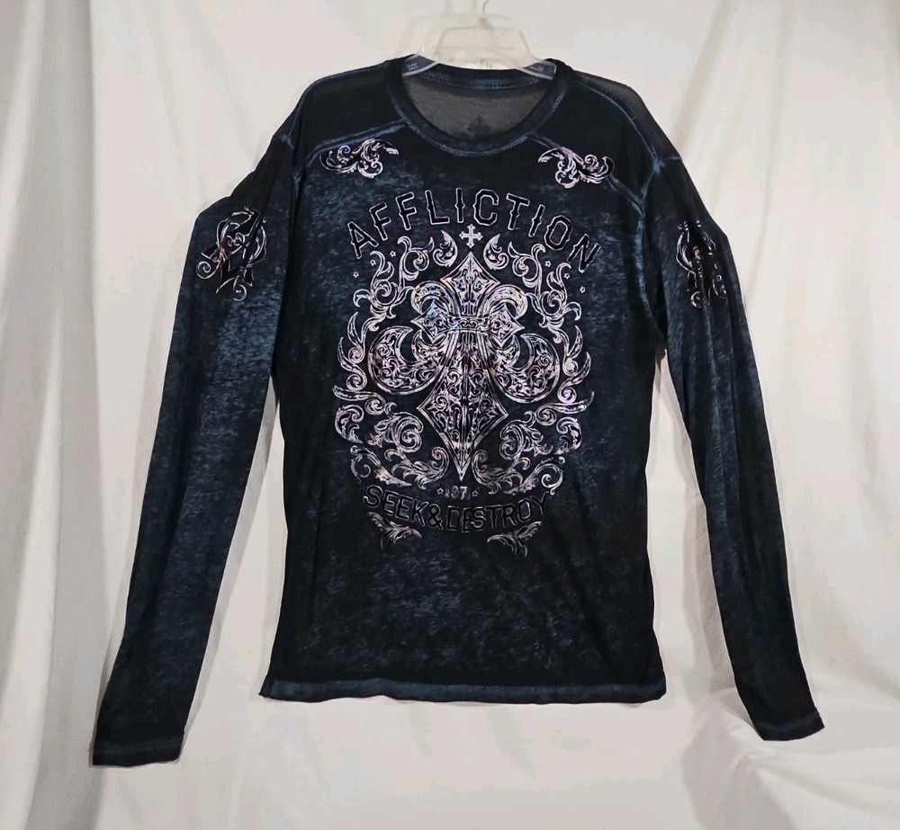 Affliction LS Top Large L Blue Sheer Shirt Silver Foil Black Velvet Graphics Y2K