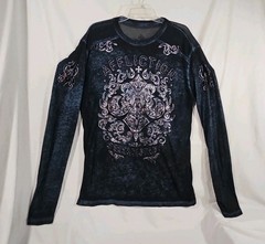 Affliction LS Top Large L Blue Sheer Shirt Silver Foil Black Velvet Graphics Y2K