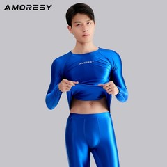AMORESY Men Glossy Satin Oil Long-Sleeve Fitness T-Shirt Round Neck Running Tops