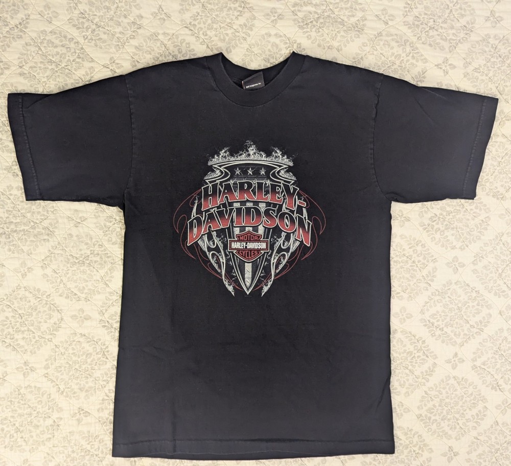 Y2K VTG USA Made Harley Davdison Mens L Blk T-Shirt Flames Heavy Biker Grunge