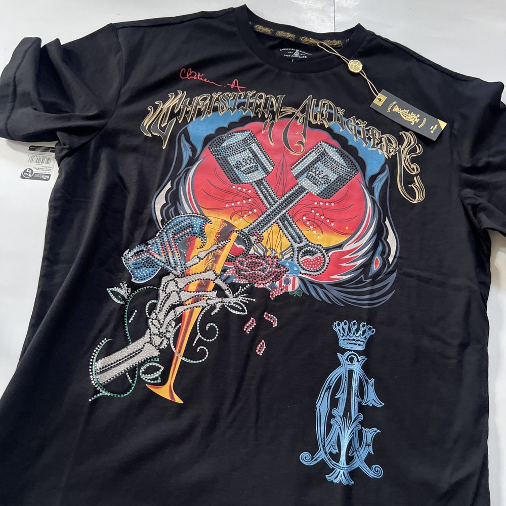 Christian Audigier Graphic Pistons Wine Glass Rhinestone T Shirt Mens Sz L NEW